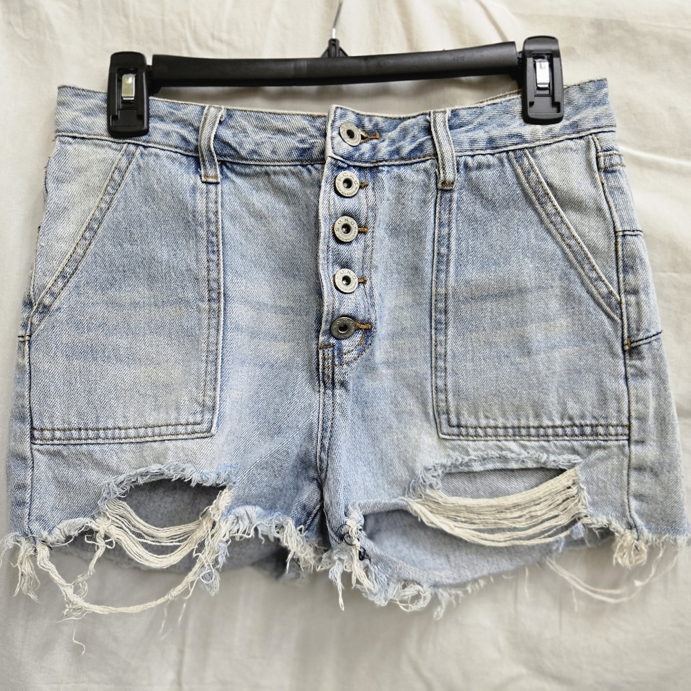 S.O.N.G. - Super High Rise Light Blue Distressed Shorts - (M/L)